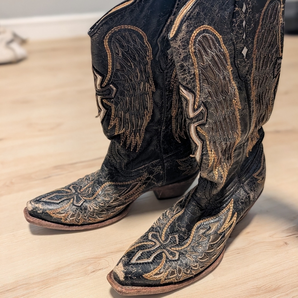 Corral Boots Women's Cowboy Boots Black & Tan with Cross Size 9